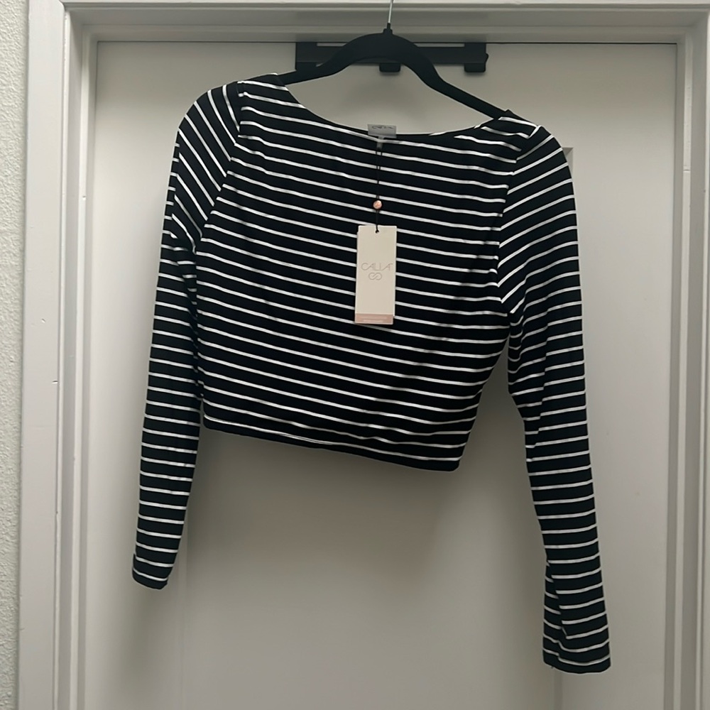 CALIA black with white stripes cropped rash guard